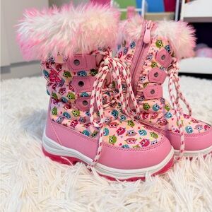 3M Thinsulate Pink Kids Snow Boots with Owl Print and Faux Fur Trim